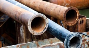 Image décorative de tuyaux de distribution d'eau empilés.